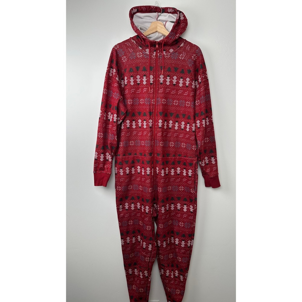 Fabletics Hooded One Piece Pajamas Unisex L Red Fair Isle Snowman Holiday Zip